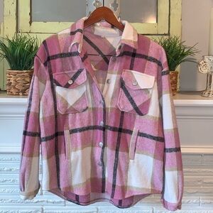 Viral Amazon Button Down Pink Plaid Cozy Jacket with Pockets Size Small